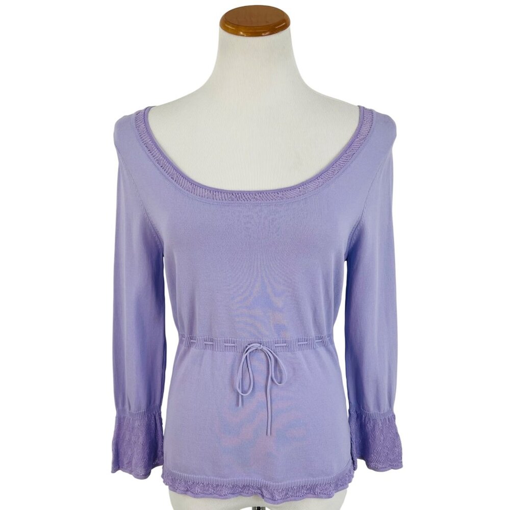 Y2K The Limited Lavender Purple Croquette Lace Trim Tie Waist Knit Top Blouse - Picture 2 of 16